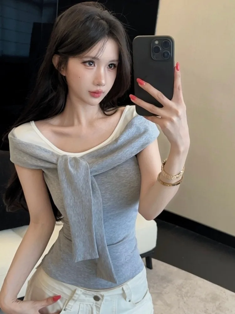 

Korean Style Half Sleeve T-Shirt Women's Summer New Pure Desire Shoulder Bared Belted Fake Two-Piece Breathable Skin-Friendly...
