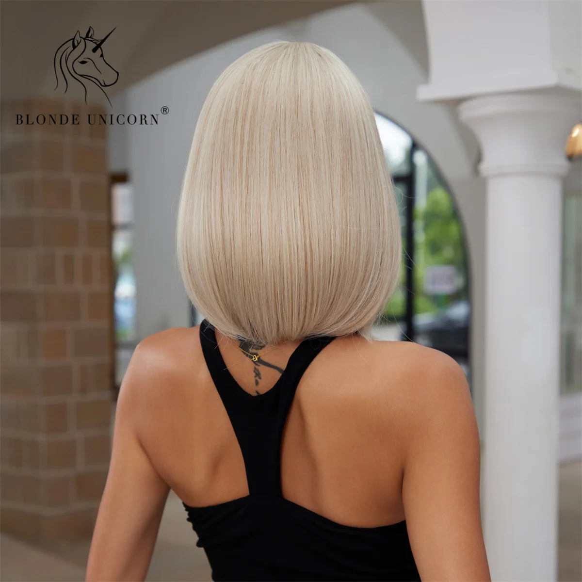 BLONDE UNICORN Blonde Synthetic Wig Natural Short Bob Wig With Bangs Daily Use For Black White Women Cosplay Heat Resistant