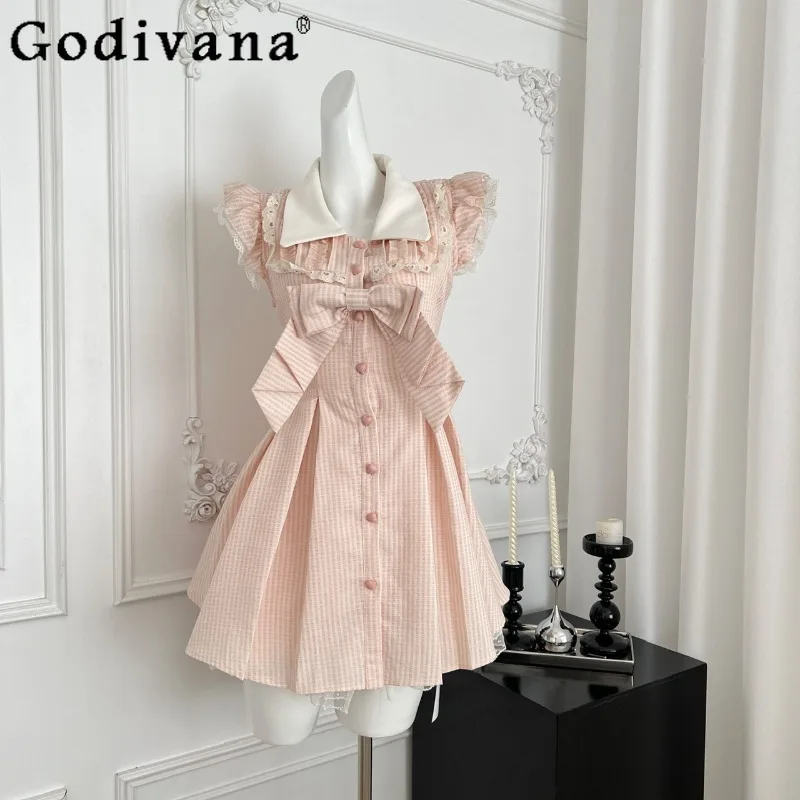 Summer Japanese Sweet Cute Dress Women Large Bow Pink Striped Lolita Dress Female Lapel Flutter Sleeve Single Breasted Dress