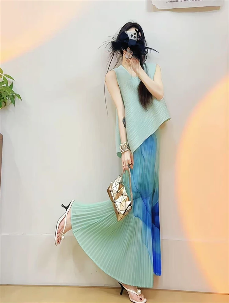 

Versatile Irregular Solid Color Pleated Top, Blue Dyed Fishtail Skirt Summer Atmosphere Mint Manbo Set Japanese Women's Clothing
