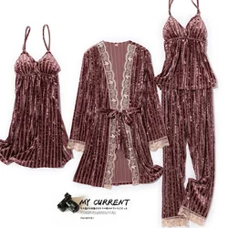 Pink Velvet 4PCS Pajamas Set Autumn Winter Women Kimono Bathrobe Gown Sleepwear Sexy Lace Trim Nightgown Pijamas Suit Home Wear