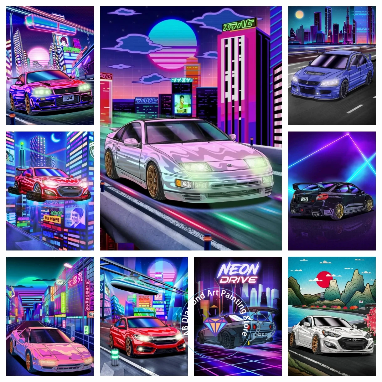 

AB Diamond Art Painting Kits Tokyo Street Racing Nissan GTR Synthwave Cool Neon 80S Embroidery Mosaic Cross Stitch Home Decor