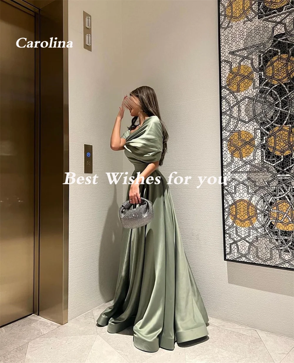 Carolina One-Shoulder Pleated Evening Dresses Green Short Sleeves Floor Length Open Back A-Line Robe De Mariée Party Gown Women