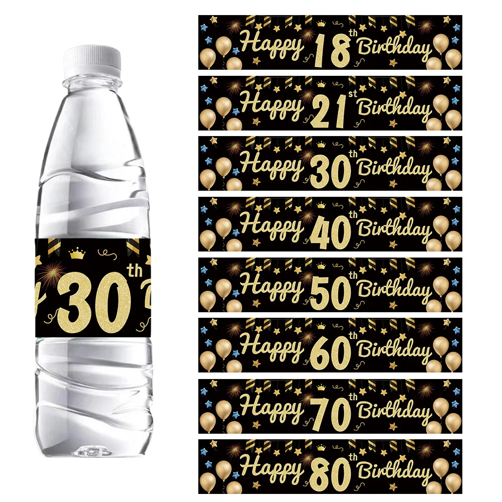 24Pcs Black 18th 21th 30th 40th 50th 60th 70th 80th Years Old Water Bottle Lable Self-adhesive Sticker Birthday Party Decoration