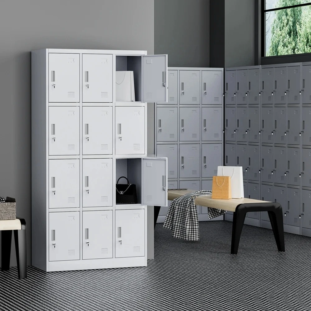 خزانة ملابس مسطحة مكونة من 12 بابًا مع أقفال مفاتيح إلكترونية باللون الرمادي لصالة الألعاب الرياضية أو خزانة أحذية تخزين الموظفين