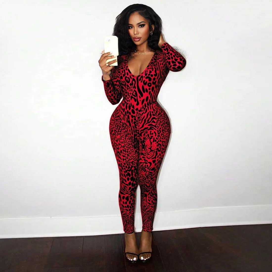 

Women Wild Sexy Leopard Print Backless Skinny Jumpsuits Fashion V Neck Full Sleeve Booty Lifting Slim Night Clubwear Overalls