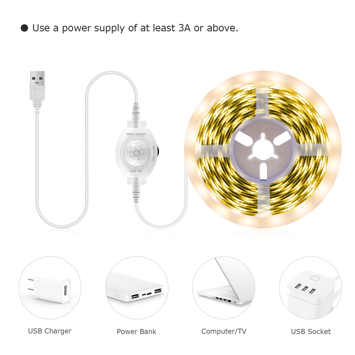 Sensitive PIR Motion Sensor LED Strip Light USB 5V Powered Waterproof DIY Cuttable Tape Delay Time Adjustable For Night Lighting