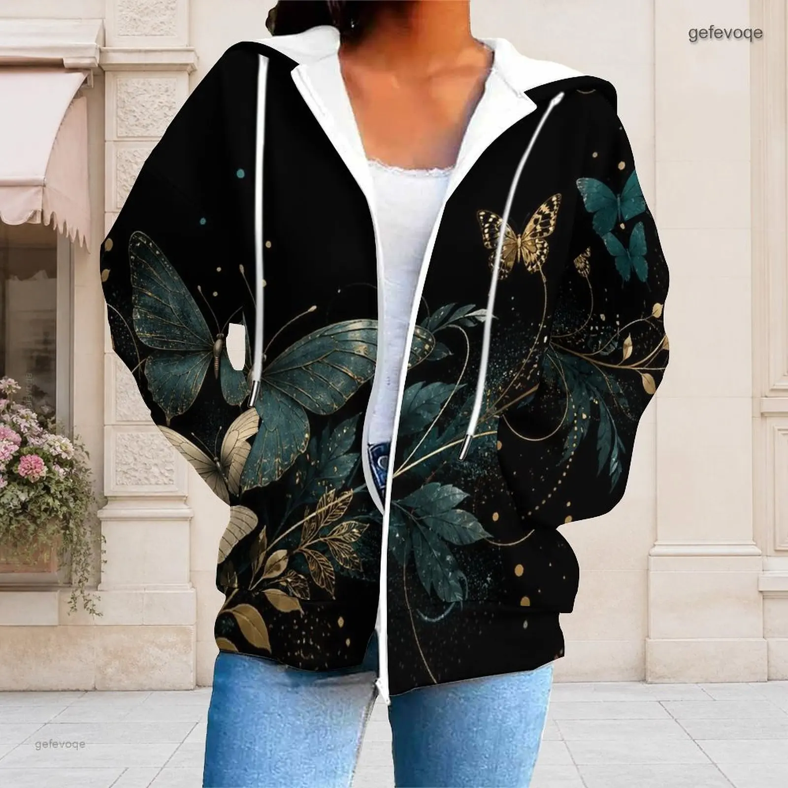 Women Black Teal Golden Butterfly Foliage Printed Zip Up Long Sleeve Hoodie
