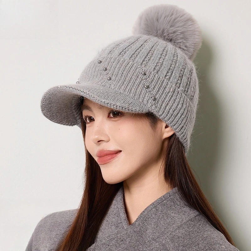Rabbit Fur Baseball Cap Korean Pearl Thickened Hairball Knitted Cap Ear Protection Thermal Cap Women's Cross-border Thermal Cap