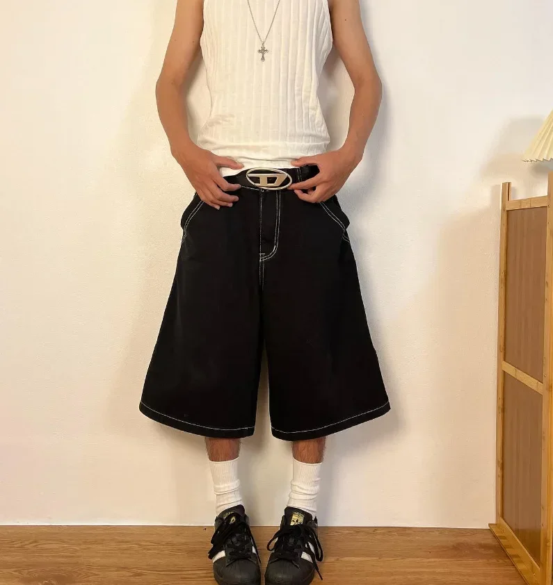 Jnco-pantalones cortos de mezclilla de hip hop para hombre, pantalones de monopatín de calle alta, patrón bordado, pantalones de pareja, pantalones