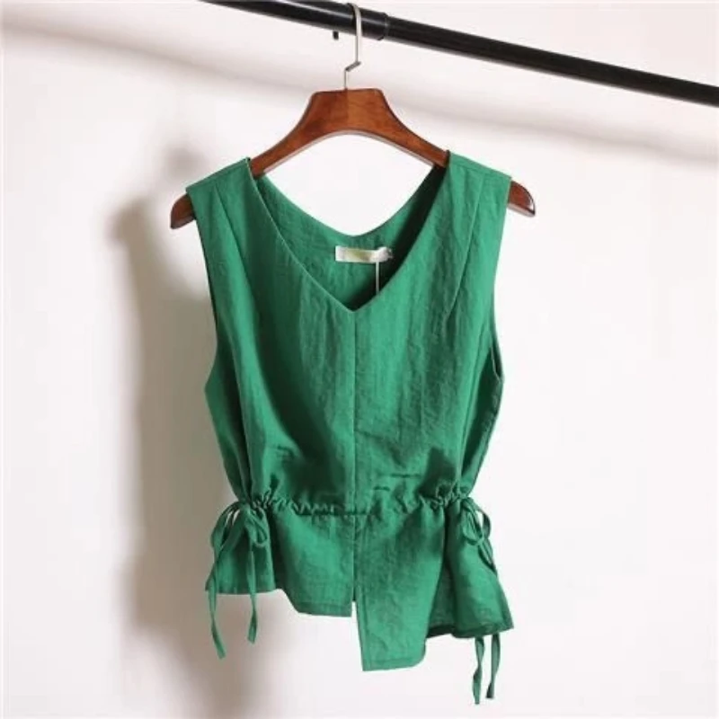 Sleeveless Drawstring Irregular Casual Blouse Summer New Solid Loose Simplicity Vintage Shirt Tops Fashion Office Women Clothing