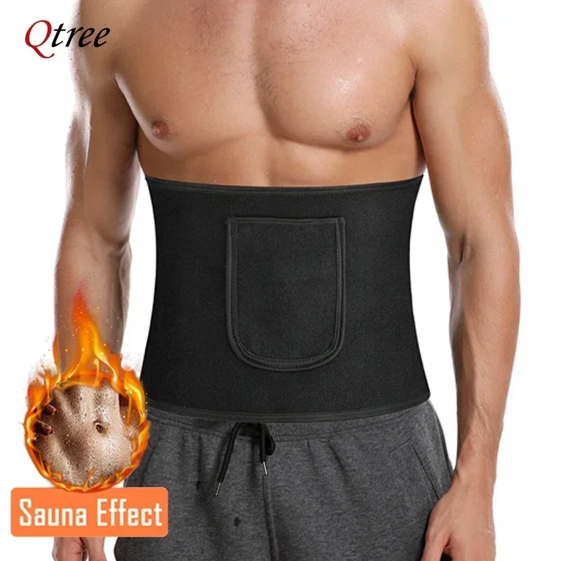 Qtree Waist Trainer Adjustable Wrap Sauna Sweat Belly Cinchers Belt Men Pocket Weight Loss Tummy Control Corset Fat Burn Trimmer