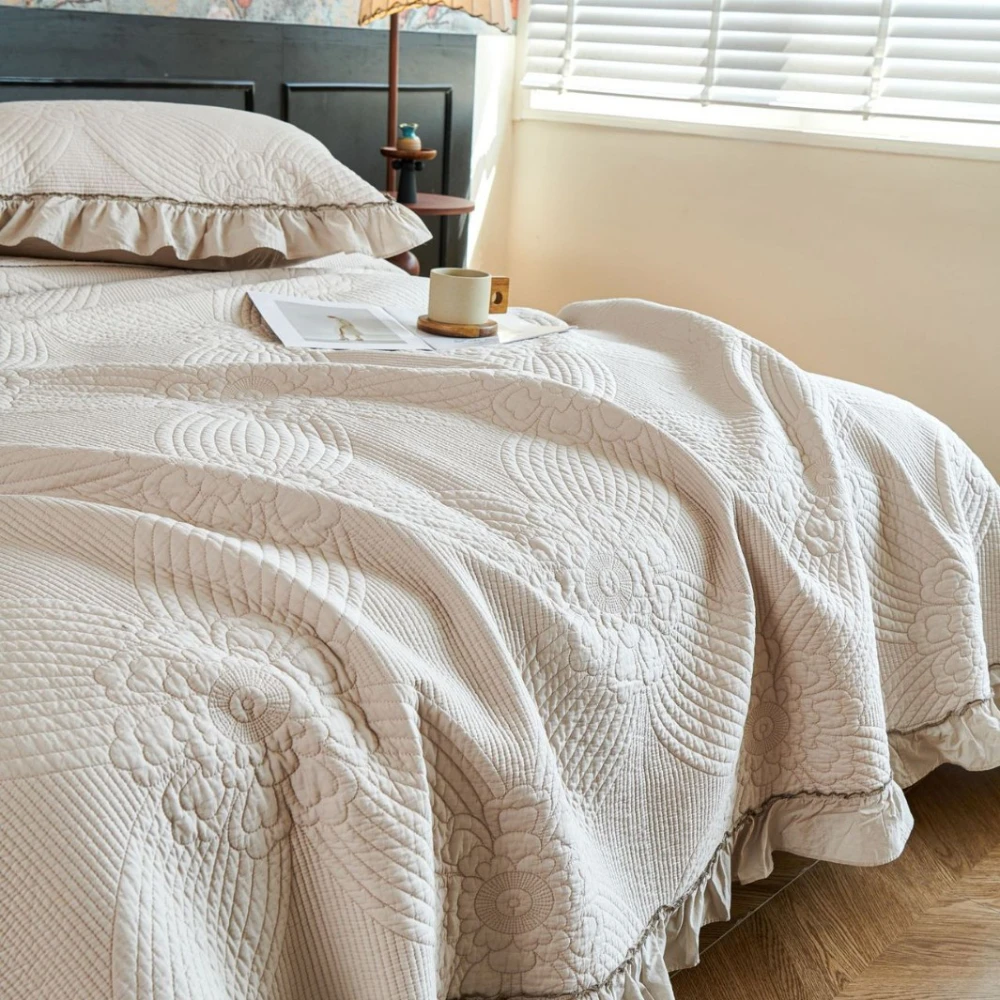 Fotografia 3: Conjunto de colcha bordada de luxo, 3 peças, 100% algodão, decoração com babados, verão, leve, edredom e cobertor, cobertor elegante para cama
