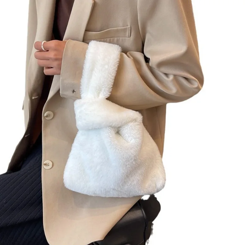 

Fluffy Handbag For Women Small Plush Tote Bag Winter Fluffy Women Handbag Soft Solid Color Storage Bag Versatile, Commuter