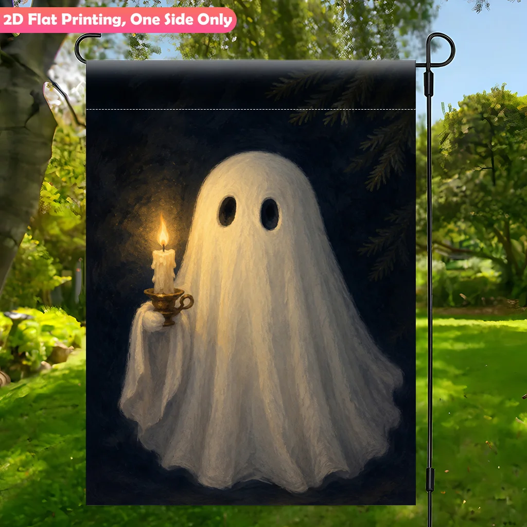 2D Flat Garden Flag 1 Piece, Ghost Holds Candles Night Bright Single-sided Printed Garden Flag, Durable Polyester Outdoor Garden Decoration, Suitable for Garden and Terrace Decoration, Scene Decoration, Celebration Arrangement, Home and Scene Decoration