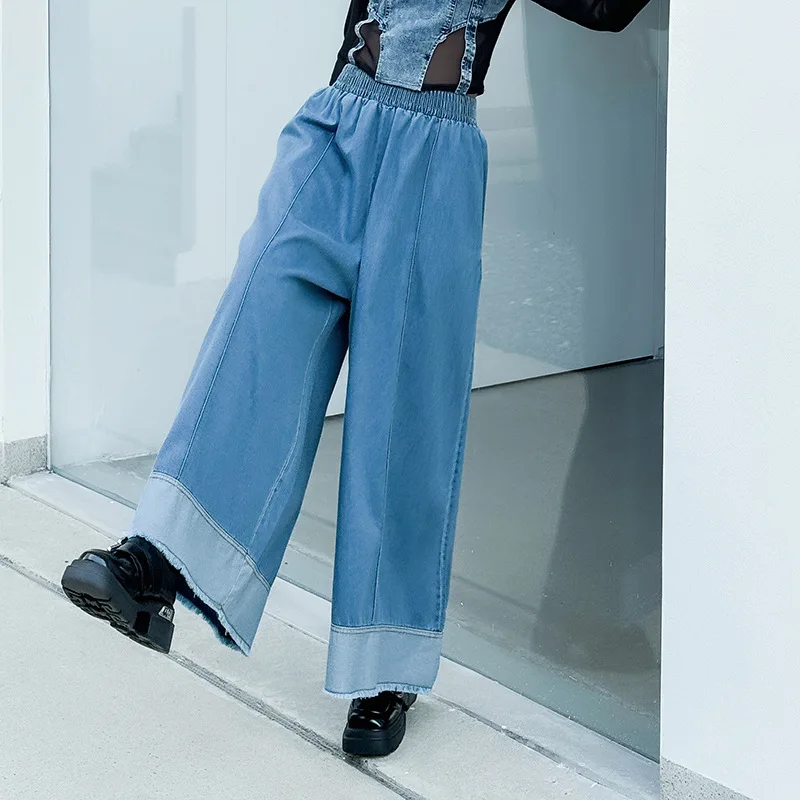HKSH Lente Herfst Nieuwe Vrouwen Wijde Pijpen Jeans Elastische Taille Kleurblok Amerikaanse Retro Veelzijdige Casual Chic Denim Broek HK17498