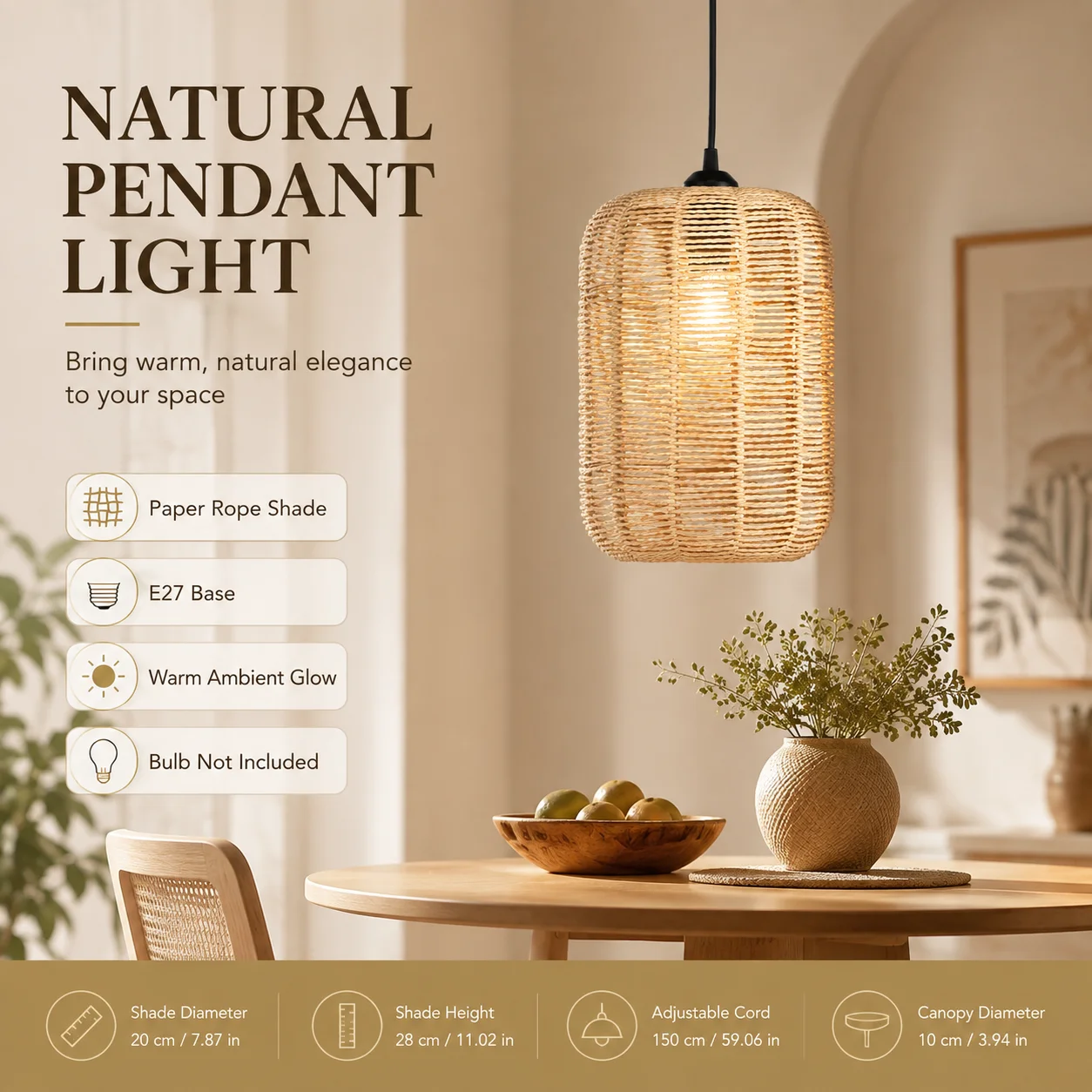JOYINLED Boho Paper Rope Pendant Lamp Living Room Ceiling Hanging Lamp 20x28CM LED Wicker Chandelier for Living Room Dining Room