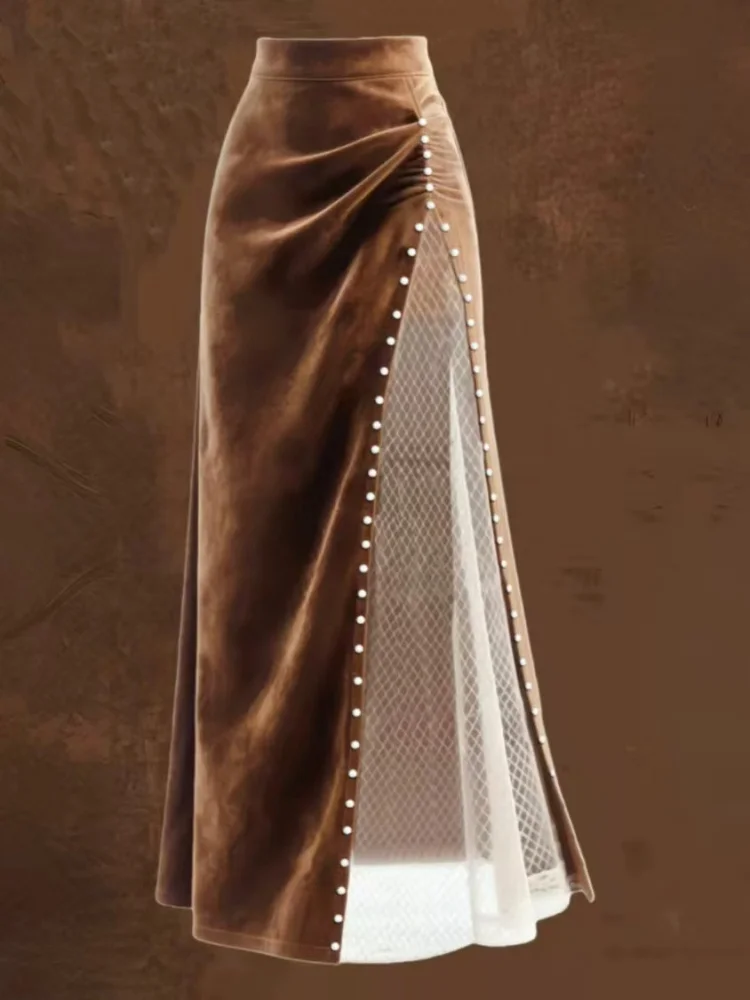 Women's Spring, Autumn and Winter Retro Western Style Mesh Patchwork Beaded Long Skirt