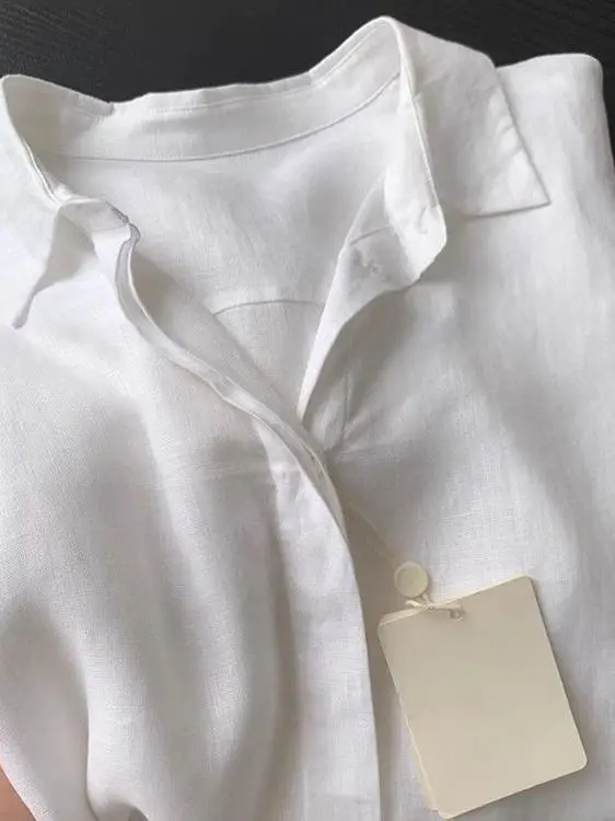 

White Linen Loose Casual Lightweight Long Sve irt Women Summer Faionable Top Collar Regular Fit Color