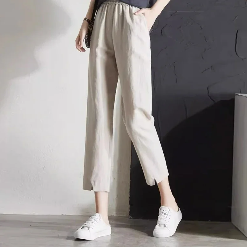 

Korean Fashion Slit Pantalons Casual Cropped Pants Women Elastic Waist Pockets Long Pants Summer Casual Straight Trousers