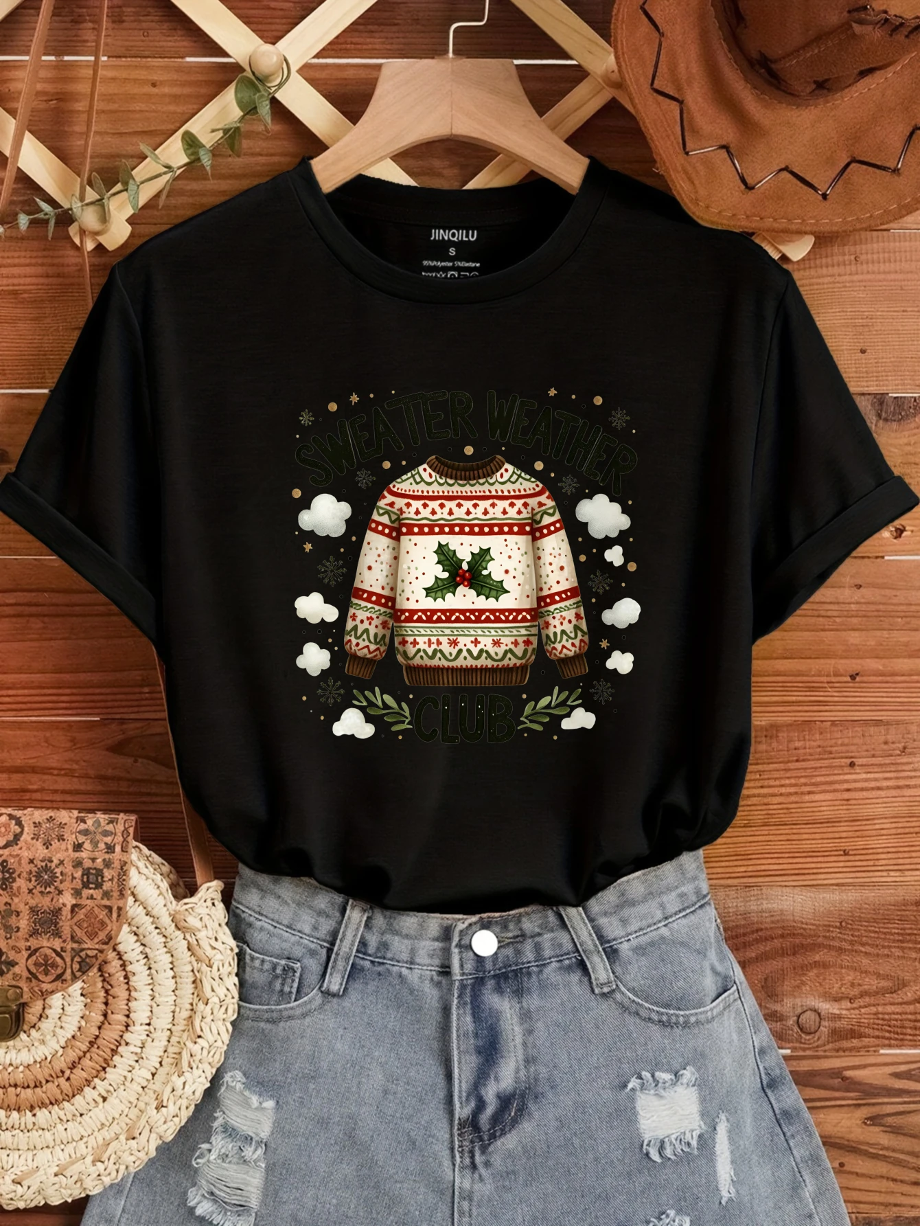 

2025 Christmas sweater graffiti print tops Ladies Casual T-shirt Junior O-Neck Spring Summer Fashion Tee Korean luxury clothing