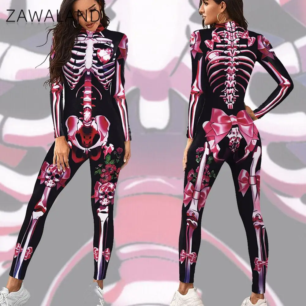 Zawaland Carnival Funny Skull Print Costume Cosplay tuta per le donne Halloween body Fancy Holiday Party Outfit abbigliamento