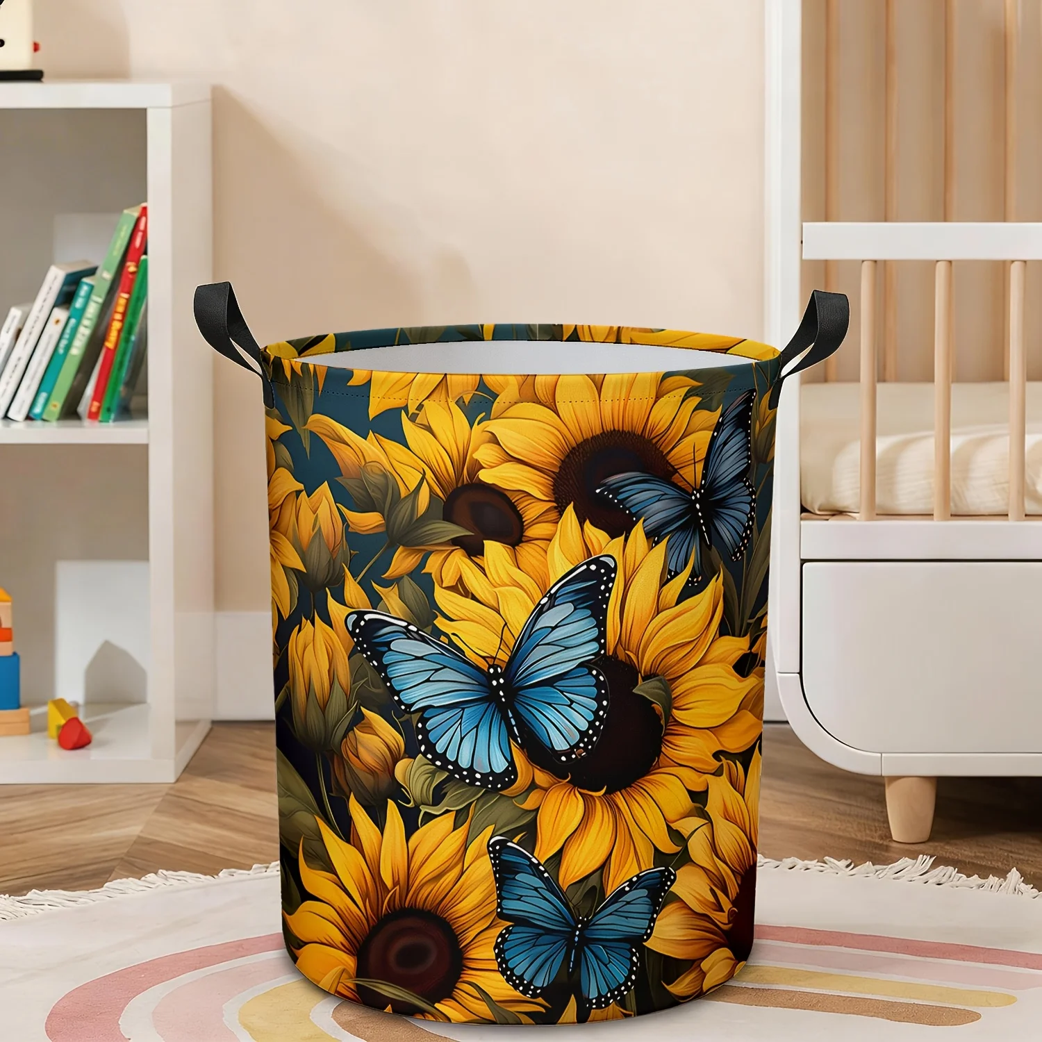 Sunflower Laundry Basket Blue Butterfly Design Foldable Dirty Clothes Hamper with Handles Clothing Storage Bucket Organizer