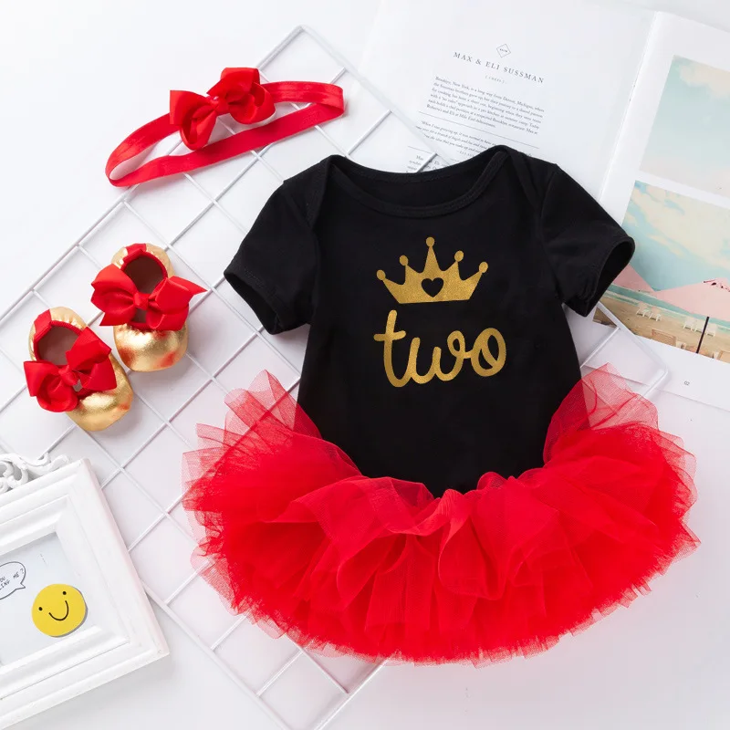 

Summer New Baby Crown Letter Festival Outfit for Girls Black Romper RedTUTUSkirt4Piece Suit