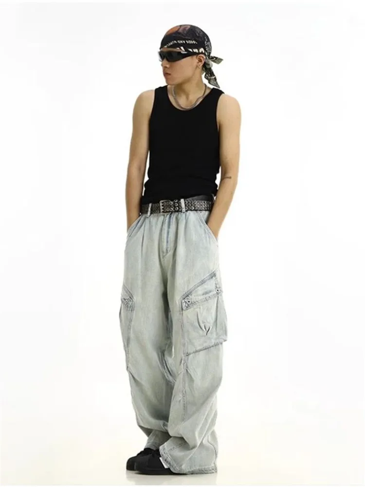 Men's Y2k Cargo Jeans Baggy Harajuku Denim Trousers Japanese 2000s Style Wide Leg Jean Pants Vintage Oversize Male Clothes