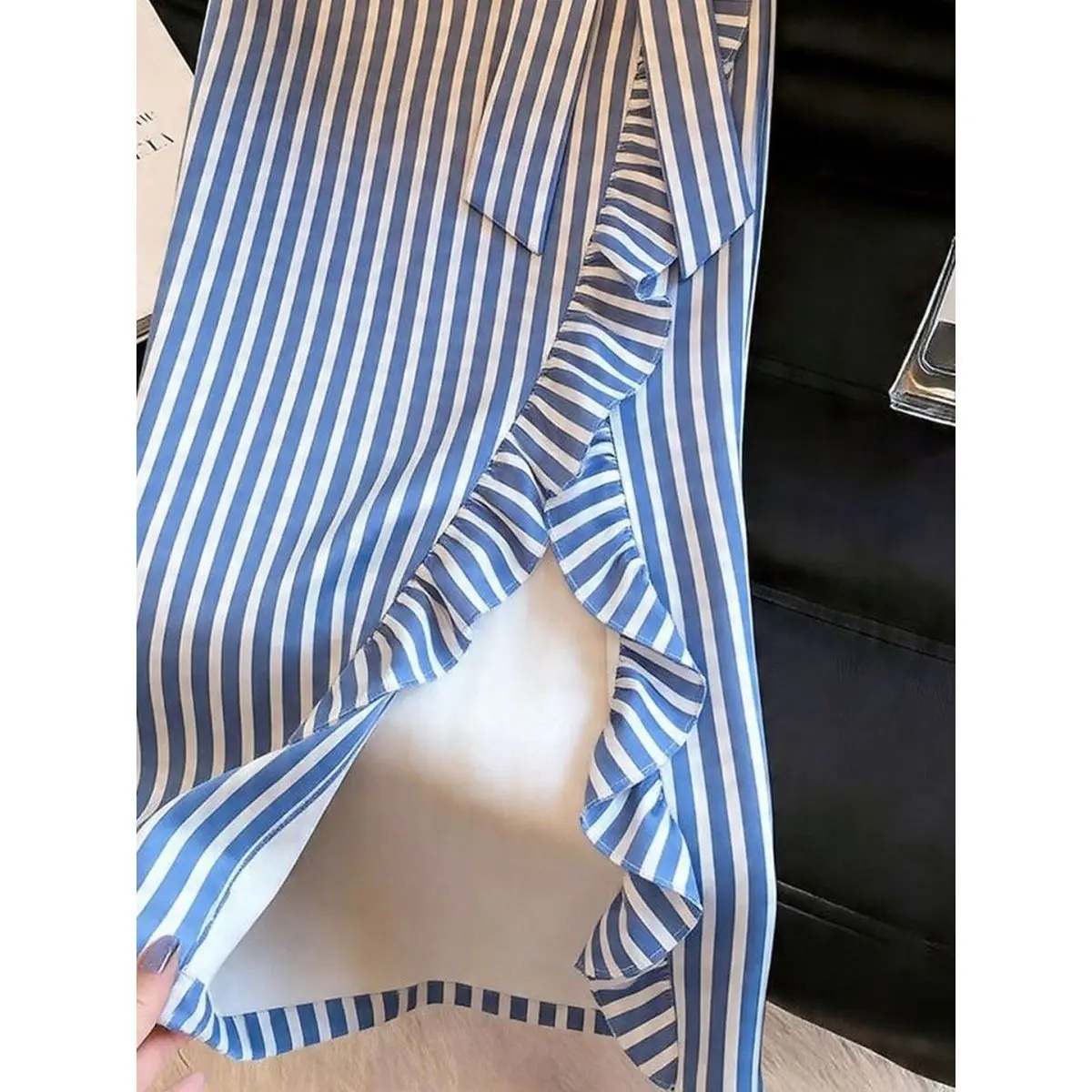 Blue Striped Lace-up Bow Skirt High Waist Irregular Long Skirt Women