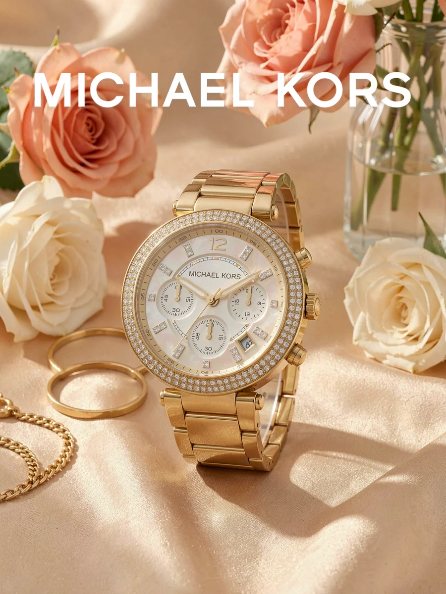 Michael Kors Ladies Chronograph Watch,Gold Stainless Steel Bracelet,Crystal Pave Bezel Dial Date for Club Party Graduation Gift