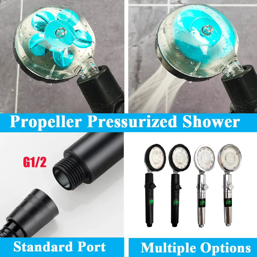 LED Digital Temperature Display Shower Head Temperature Control Colorful Fan High Pressure Rainfall Showerhead With Stop Button