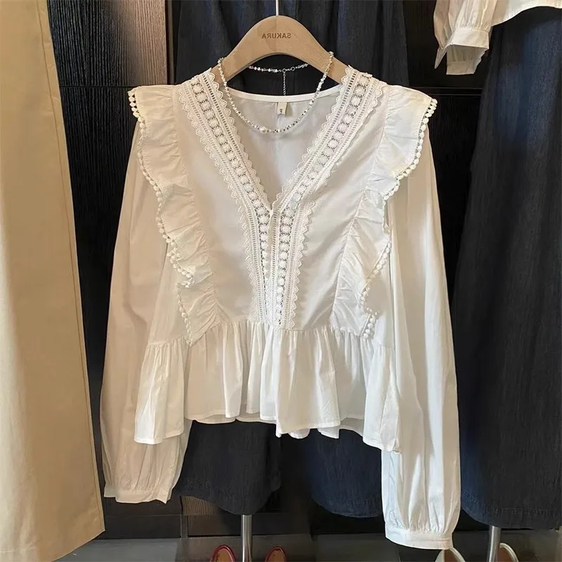

Korean Fashion Elegant Ruffles Blouse Women Spring Summer V Neck Long Sleeve Tops White Shirts Blusas Mujer