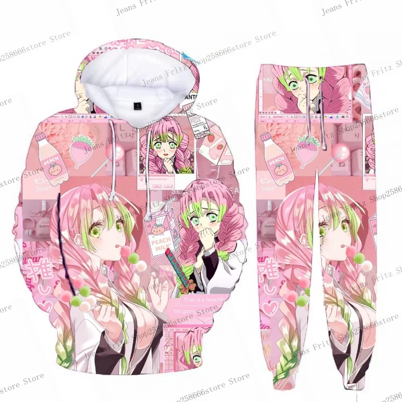 Anime demon slayer hoodies impressão 3d cosplay calças + moletom com capuz 2 pçs conjunto de treino das mulheres dos homens oversize streetwear calças com capuz conjuntos