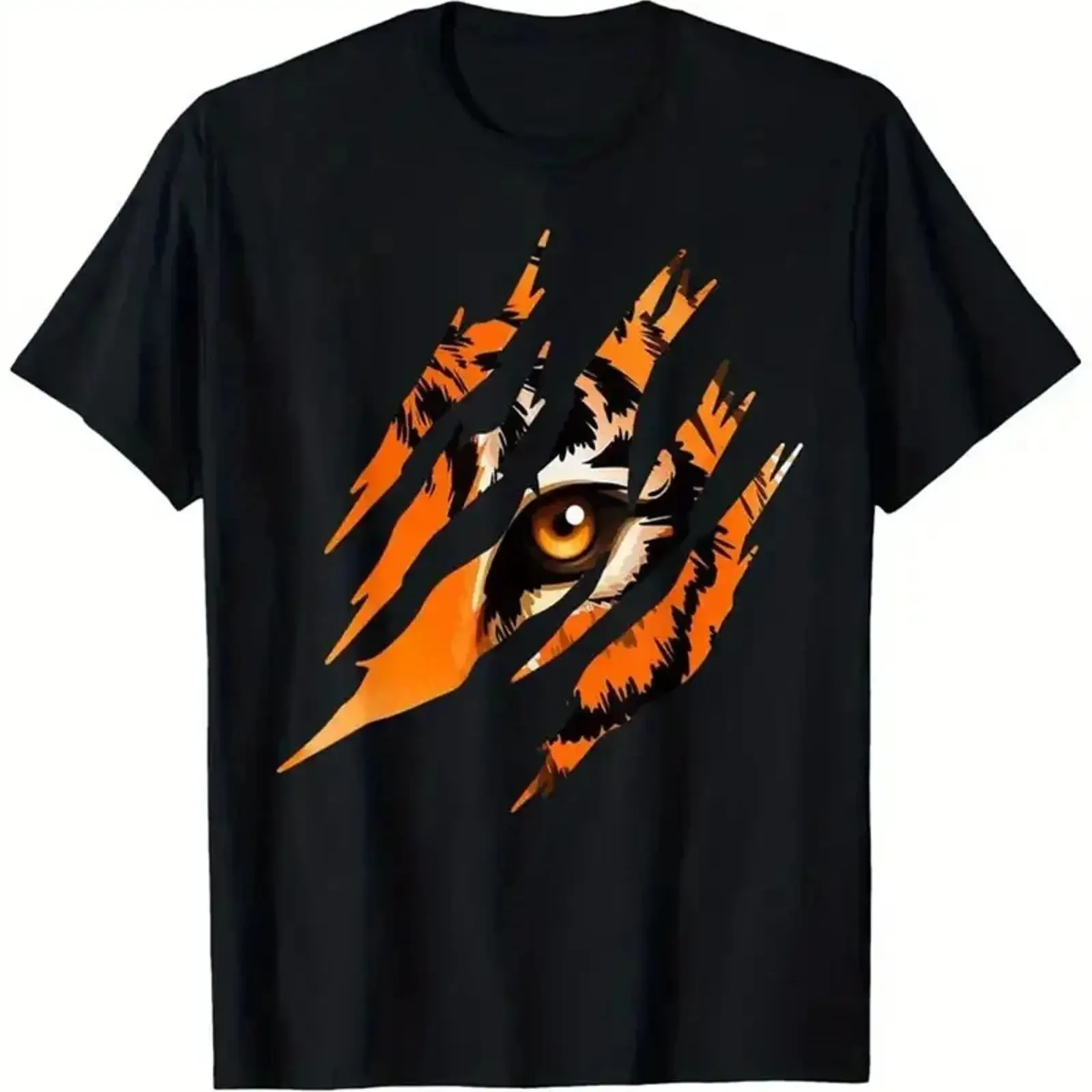 Herren-Tiger-Eye-T-Shirt aus 100% Baumwolle, Schwarz mit leuchtendem Orange-Weiß, Vintage-Waschung, atmungsaktiv, leicht stylisch, weich, lässig.