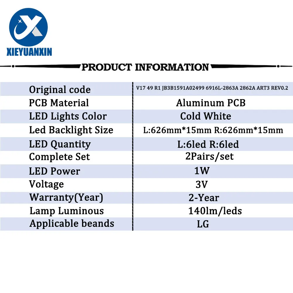 Tira de TV de retroiluminação LED para LIG, 49 ", V17, ART3, 49LV340C, JB3B1591A02499, 49UV340C, 49UJ6565, 6916L-2862A, 2863A, LC490DGG, 49uj670, 4 peças
