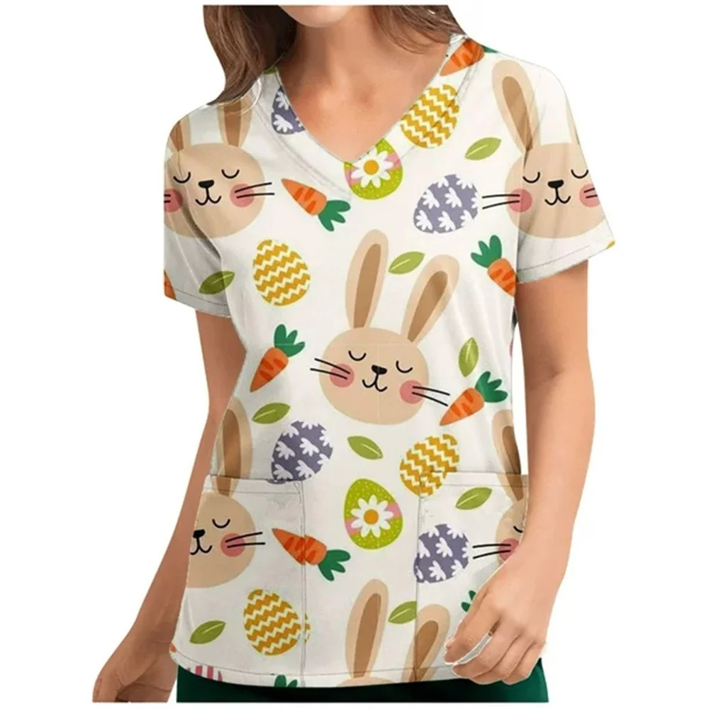 

Women Short Sleeve V-neck Flower Pattern Top Nursing Working Uniform T-shirts Short Sleeve Blouse Pet Groming Veterinaria Tops