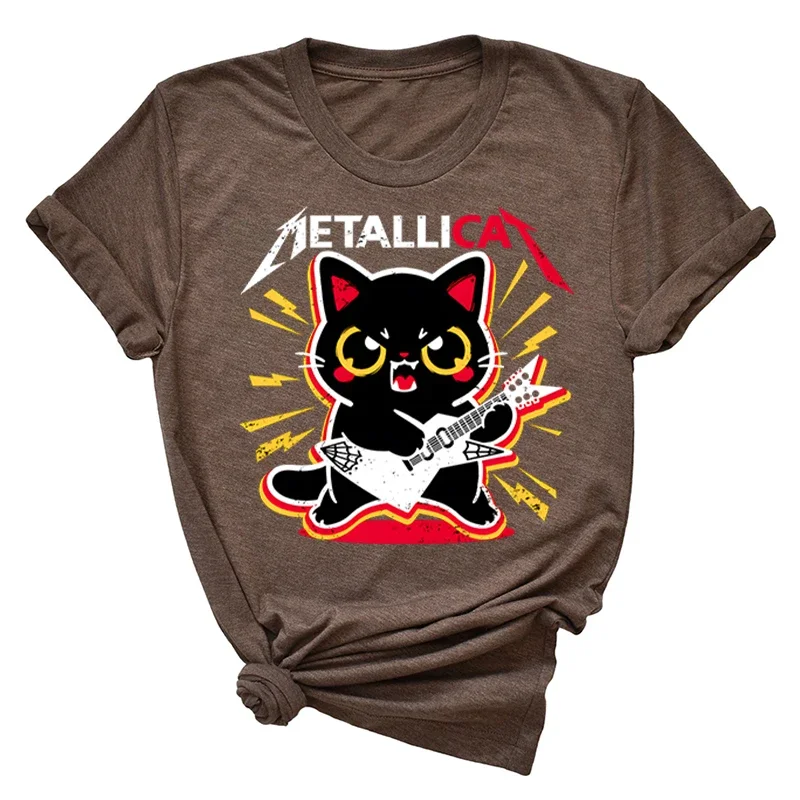 Metall Cat Tops Rock and Roll Kittens T-shirts Guitar Player Vintage Clothes Y2k Fashion Lady Tees Female Summer Tshirt Graphic