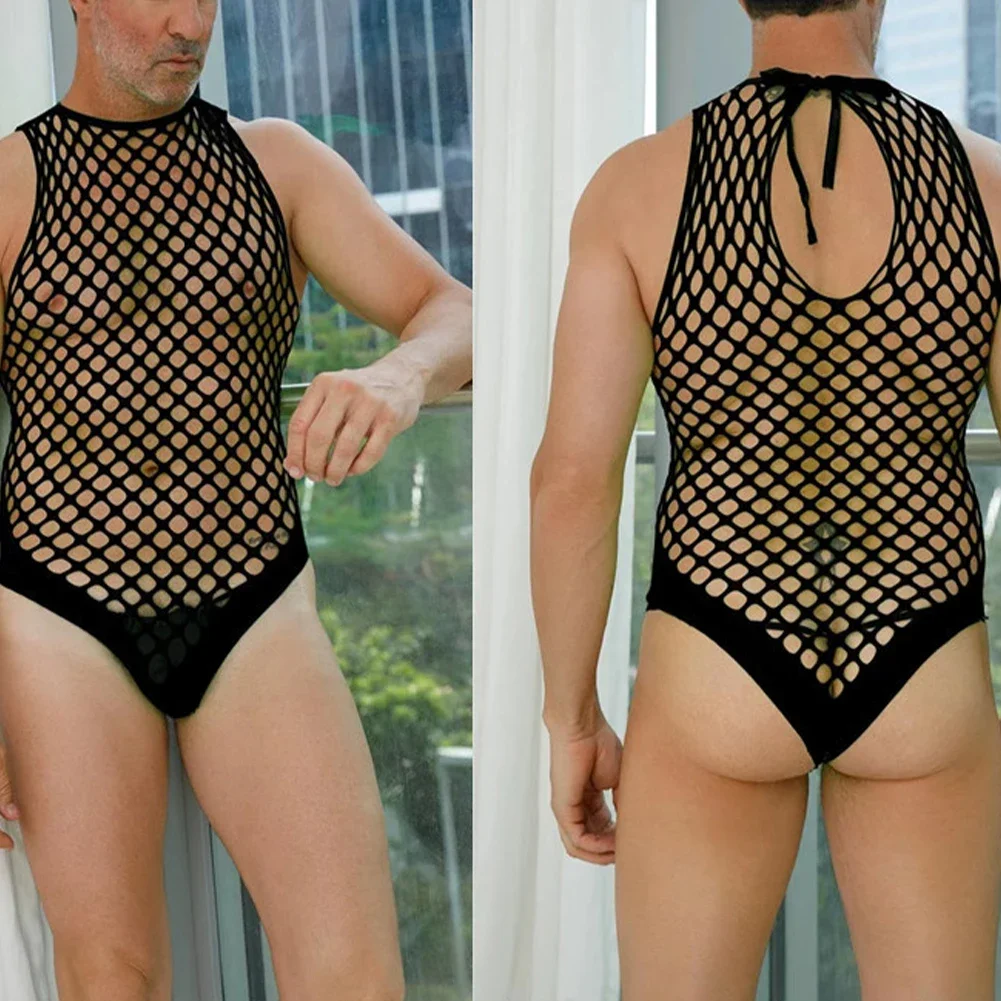 Sexy Men Hollow Out Fishnet Full Bodysuits Sleeveless High Cut Jumpsuit See Through Leotard Erotic Lingerie Sissy Bodystockings