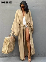 FORERUN Solid Beach Cover Up Women Bohemian Long Kimono Tunic Elegant Swimsuit Cape Swimwear Dropshipping