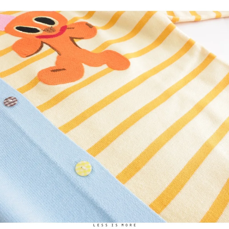 甘い漫画ジャカードカラーブロックストライプニットカーディガン女性の秋ヴィンテージ O ネックフルスリーブセーター女性ニットトップス