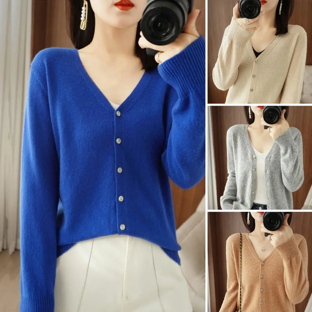 

Nylon Sweater Stylish V-neck Knitting Cardigan with Ribbed Cuffs Spring Summer Solid Color Sweater Single Breasted for Women