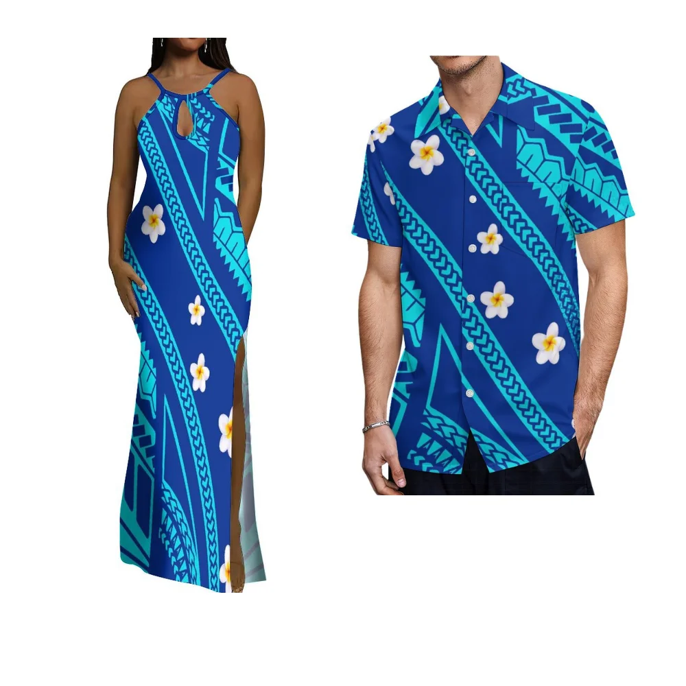 Abbigliamento da coppia dell'Isola Samoan Abito estivo senza maniche slim fit da donna Camicia da uomo Abito polinesiano sexy con spacco con scollo profondo