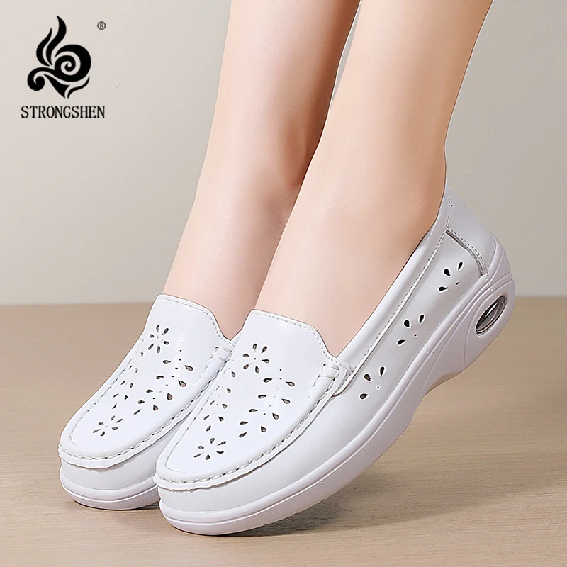 

STRONGSHEN Woman Nurse Clogs Shoes Nursing Summer Work Shoes Breathable Flat Wedge Comfortable Soft Sole Hollow Out White Shoes