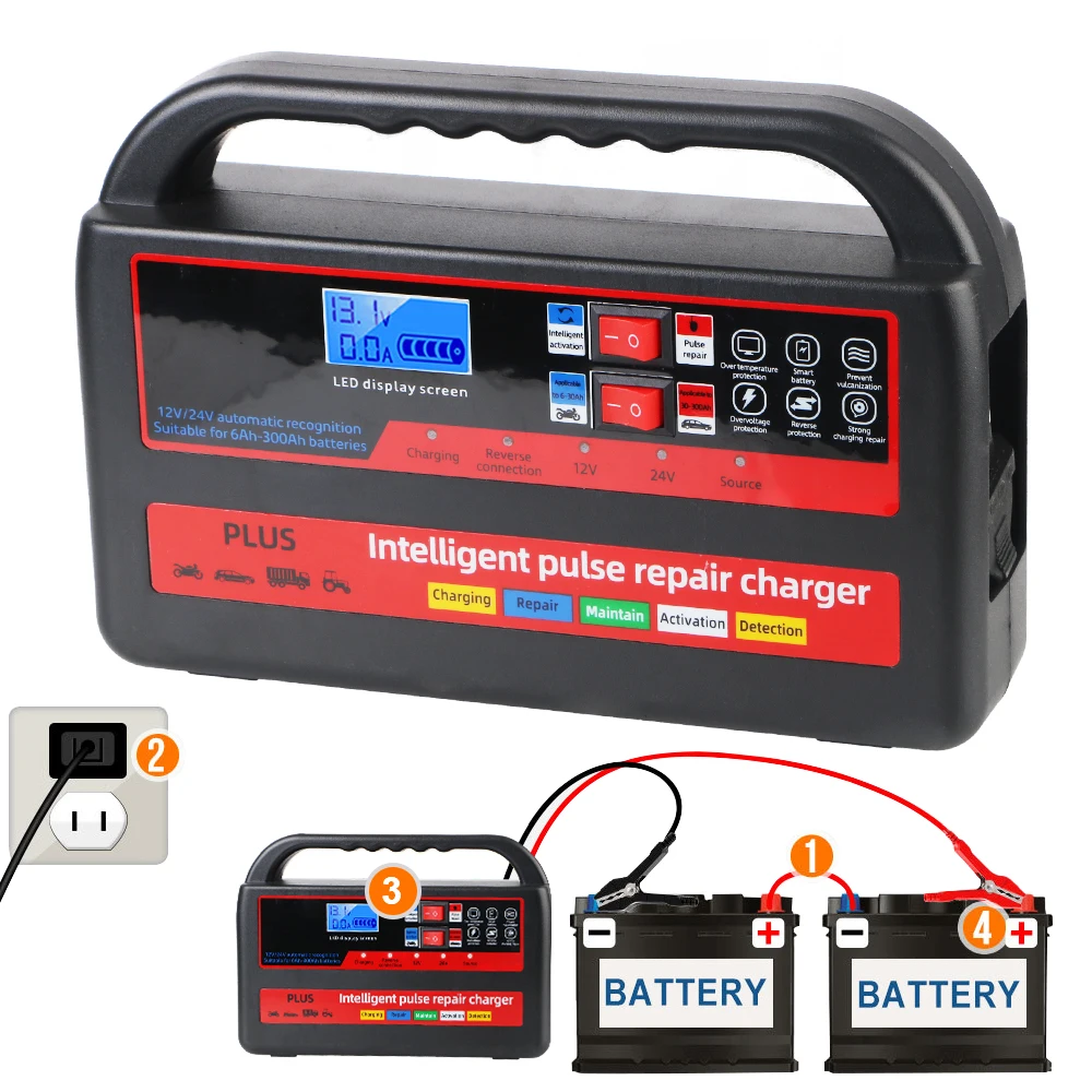 Auto Pulse Repair Digital LCD Display Handheld Intelligent Pulse  Fast Power Charging 12V / 24V Car Motorcycl Battery Charger
