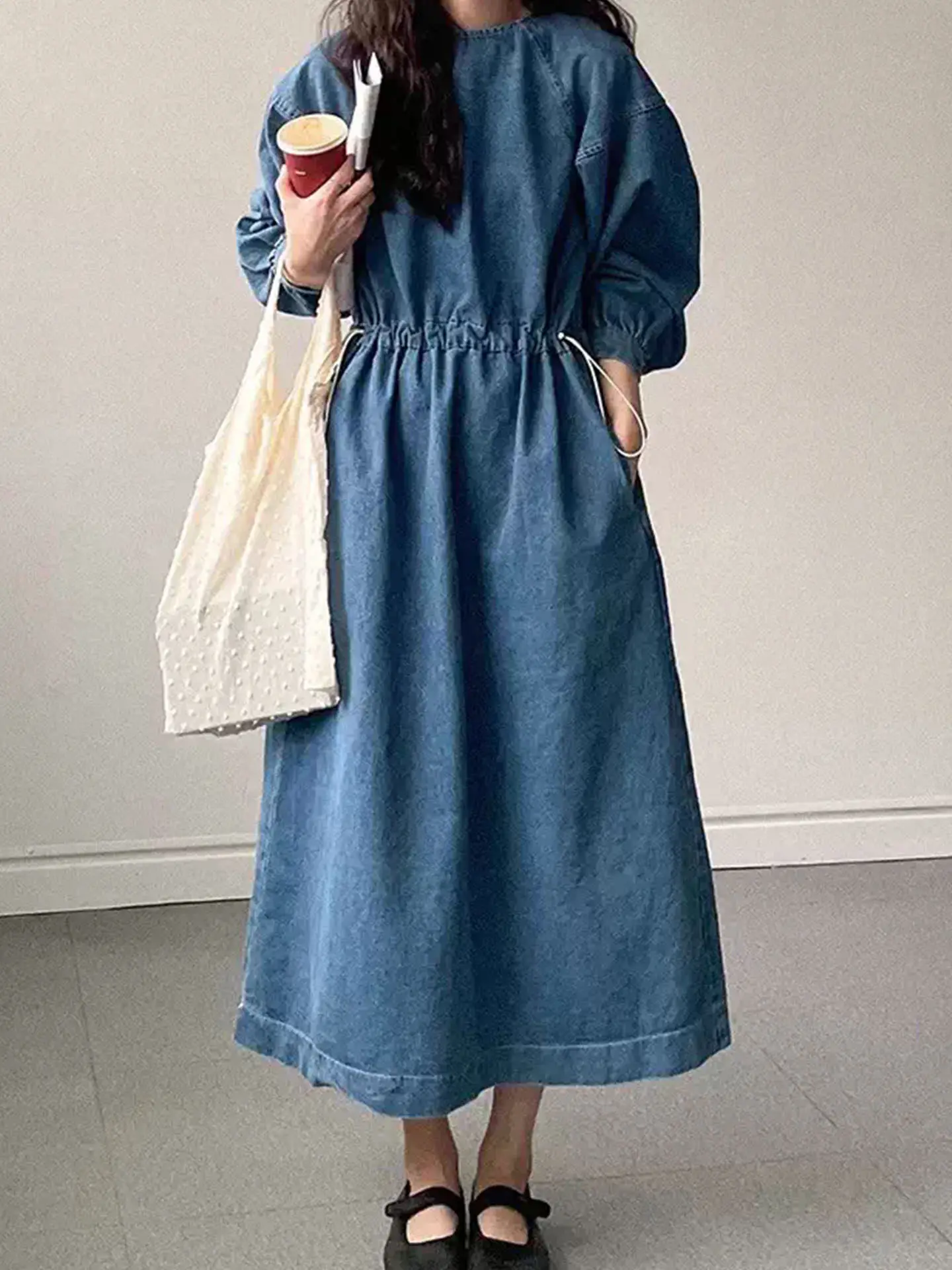 New Lazy Style Long Sleeve Denim Dress Women's Vintage Round Neck Drawstring Waist Design Dresses Spring Chic Loose Casual Dress