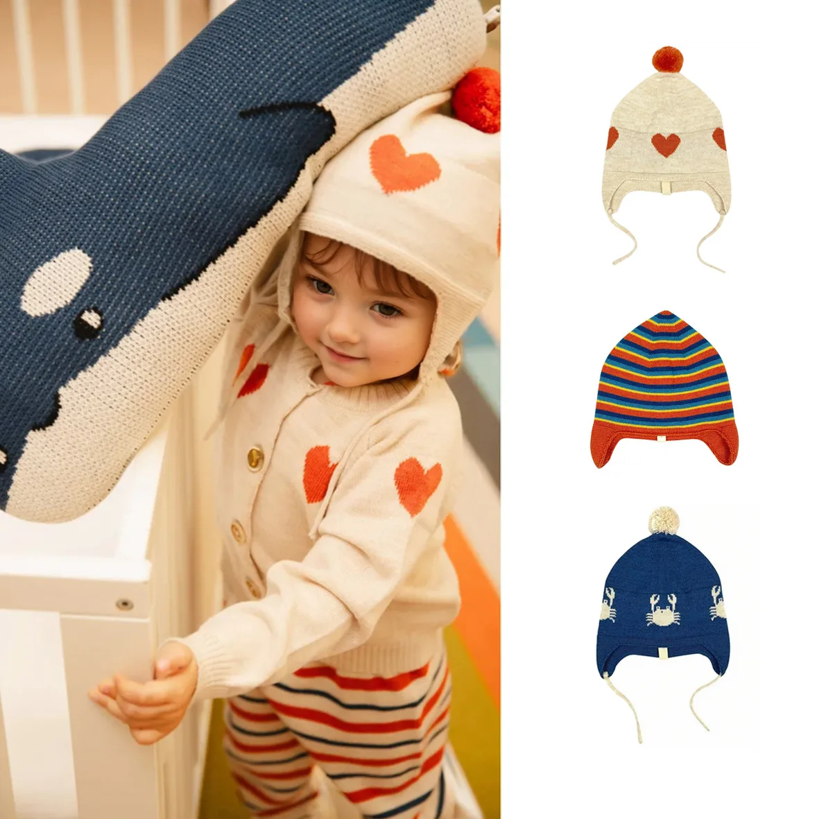 

Children's Autumn and Winter New Knitted Warm Windproof Ear Protection Fun Heart Baby Hat