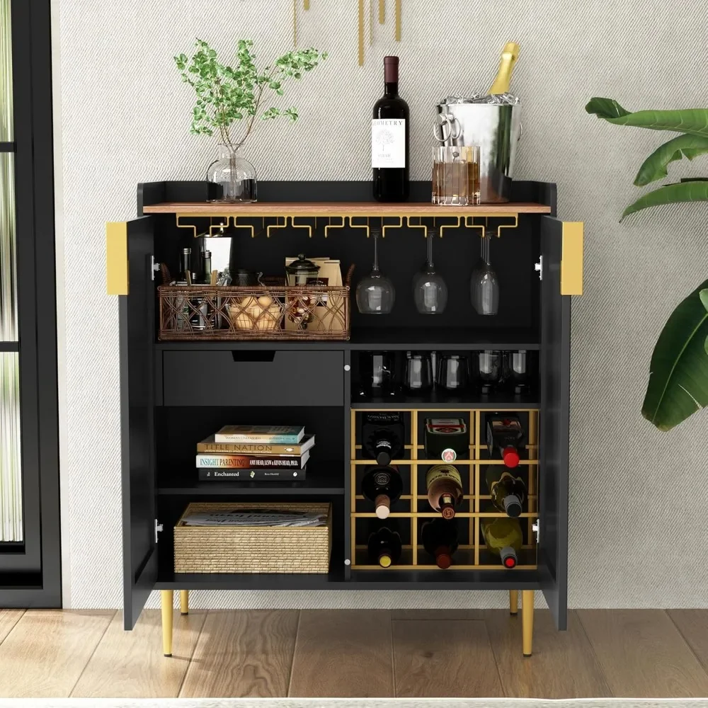 Sideboard Buffet Cabinet with Fluted Texture, Modern Coffee Bar Cabinet with Wine Rack&Drawers, Black Liquor Cabinet for Kitchen