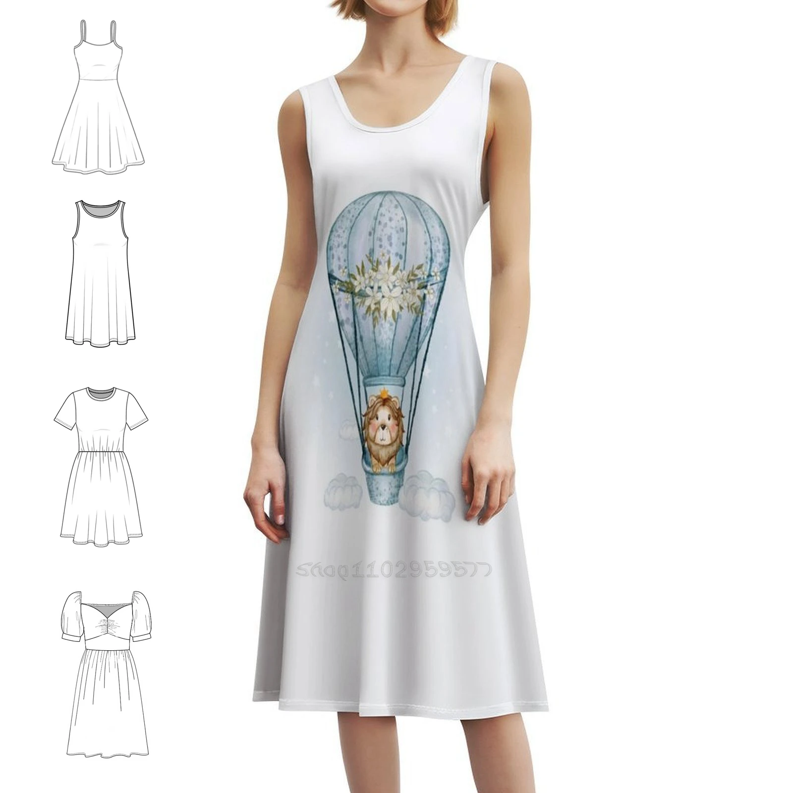 Little Lion In Hot Air Balloon Above The Clouds Sweetheart Neckline Dress Elegant Summer Party Dress For Women Lion Lion Head