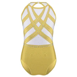 Kids Girls Glittery Rhinestones Rhythmic Gymnastics Leotard Sleeveless Ballet Bodysuit Figure Skating Dance Performance Costume